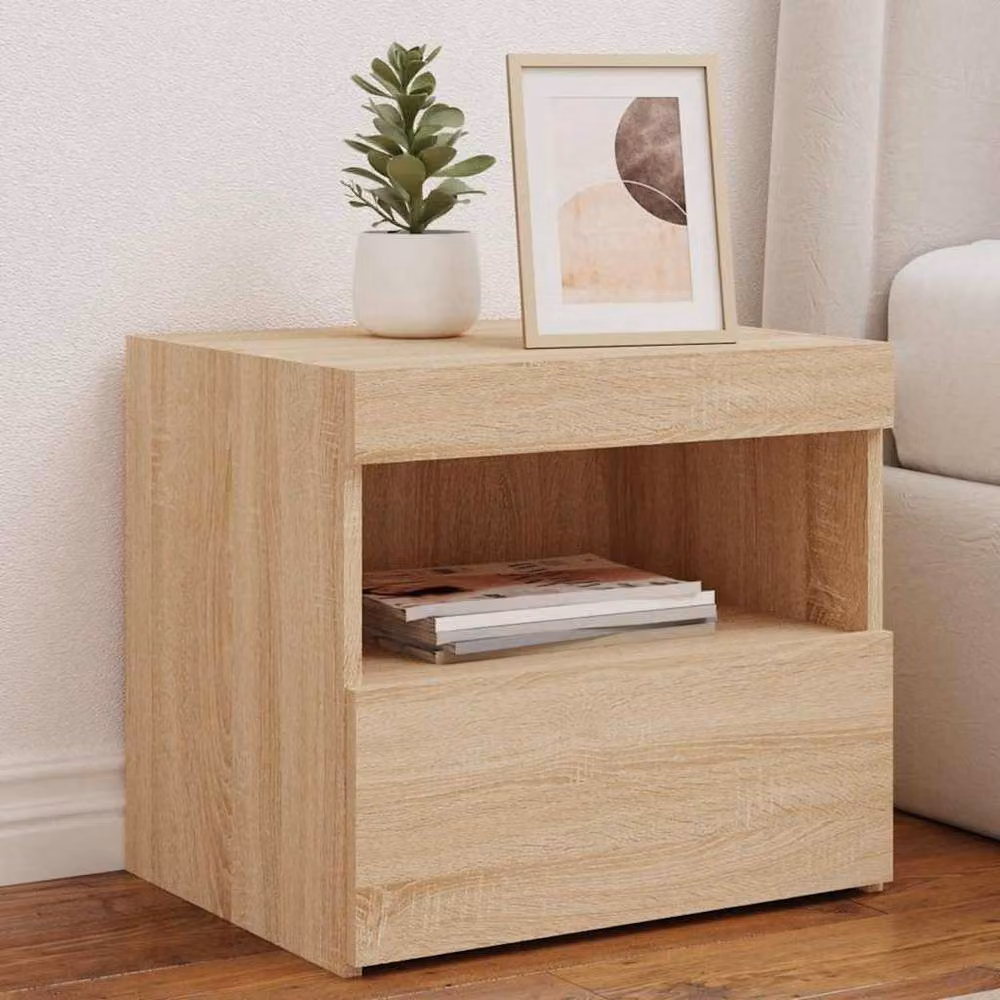 Berkfield Home Set of 2 Sonoma Oak Bedside Cabinets with Integrated LED Lights in Light Tan, W/D/H: 50 x 40 x 45 cm – 2