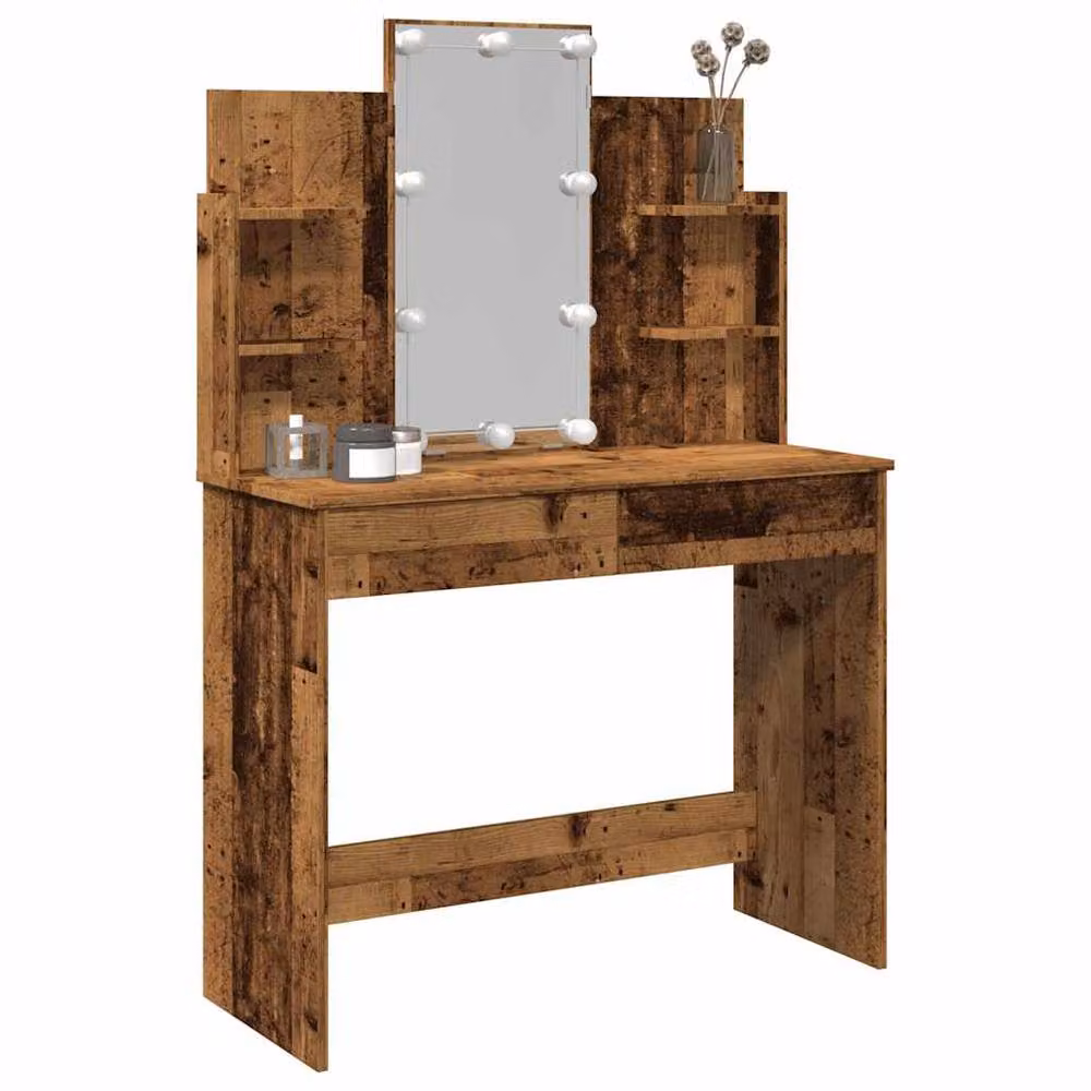 Berkfield Home Dressing Table with Hollywood LED Lights in Brown, W/D/H: 96 x 40 x 142 cm – 2