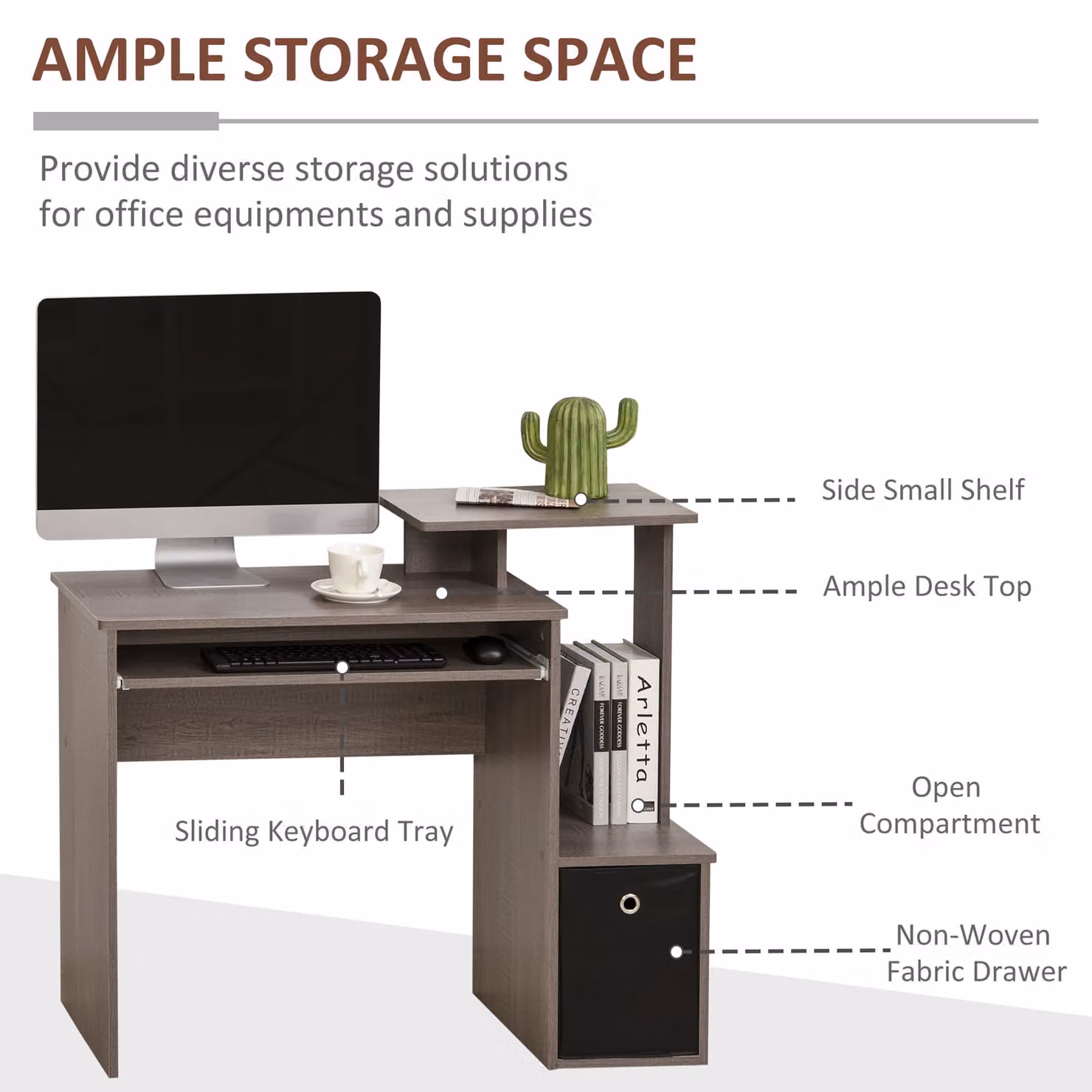 HOMCOM Grey Computer Desk with Sliding Keyboard Tray, Storage Drawer and Shelf for Home Office – 4