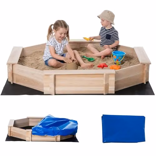 Outsunny Kids Wooden Sand Pit with Cover in Natural Brown, W/D/H: 139.5 x 139.5 x 21.5 cm – 1