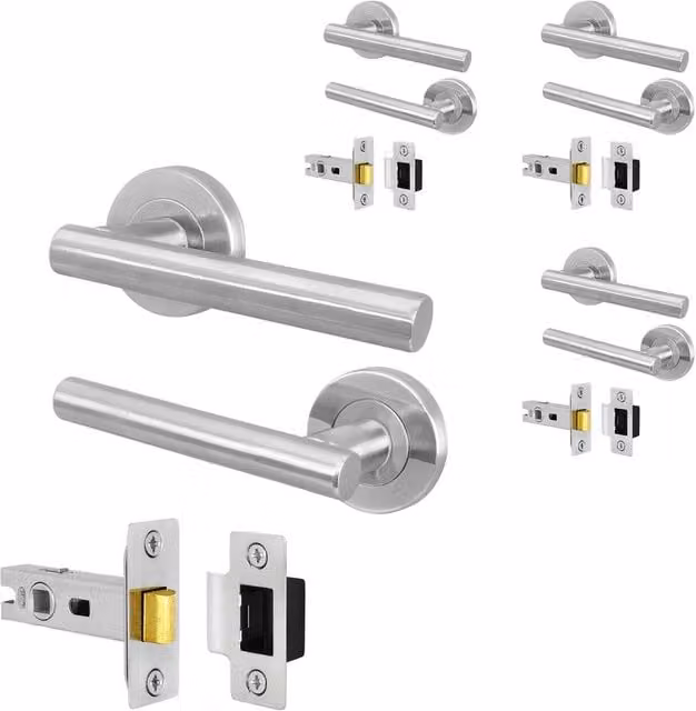 AFIT Olvera Range Satin Silver Round Rose Door Handles with Latch T-Bar, 4 Pairs, W/D/H: 15 x 15 cm
