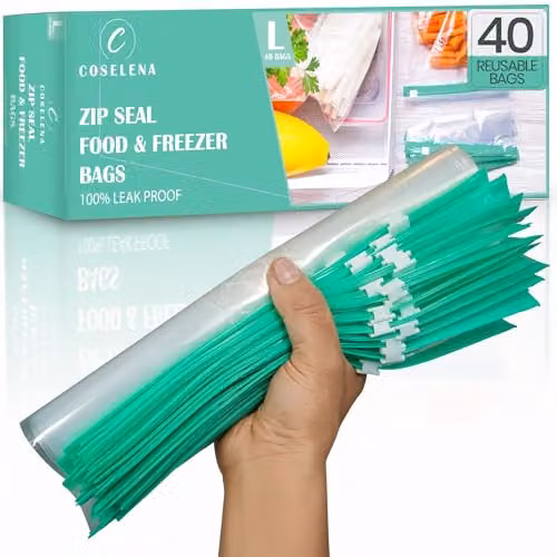 Tanness 40 Pack Airtight Reusable Freezer Bags, 4.55 l, Transparent