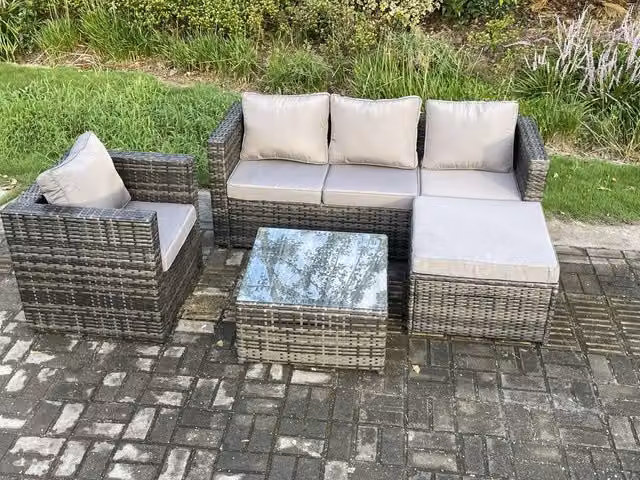 Fimous Rattan Garden Furniture Set in Dark Grey with Armchair, Square Coffee Table and Ottoman