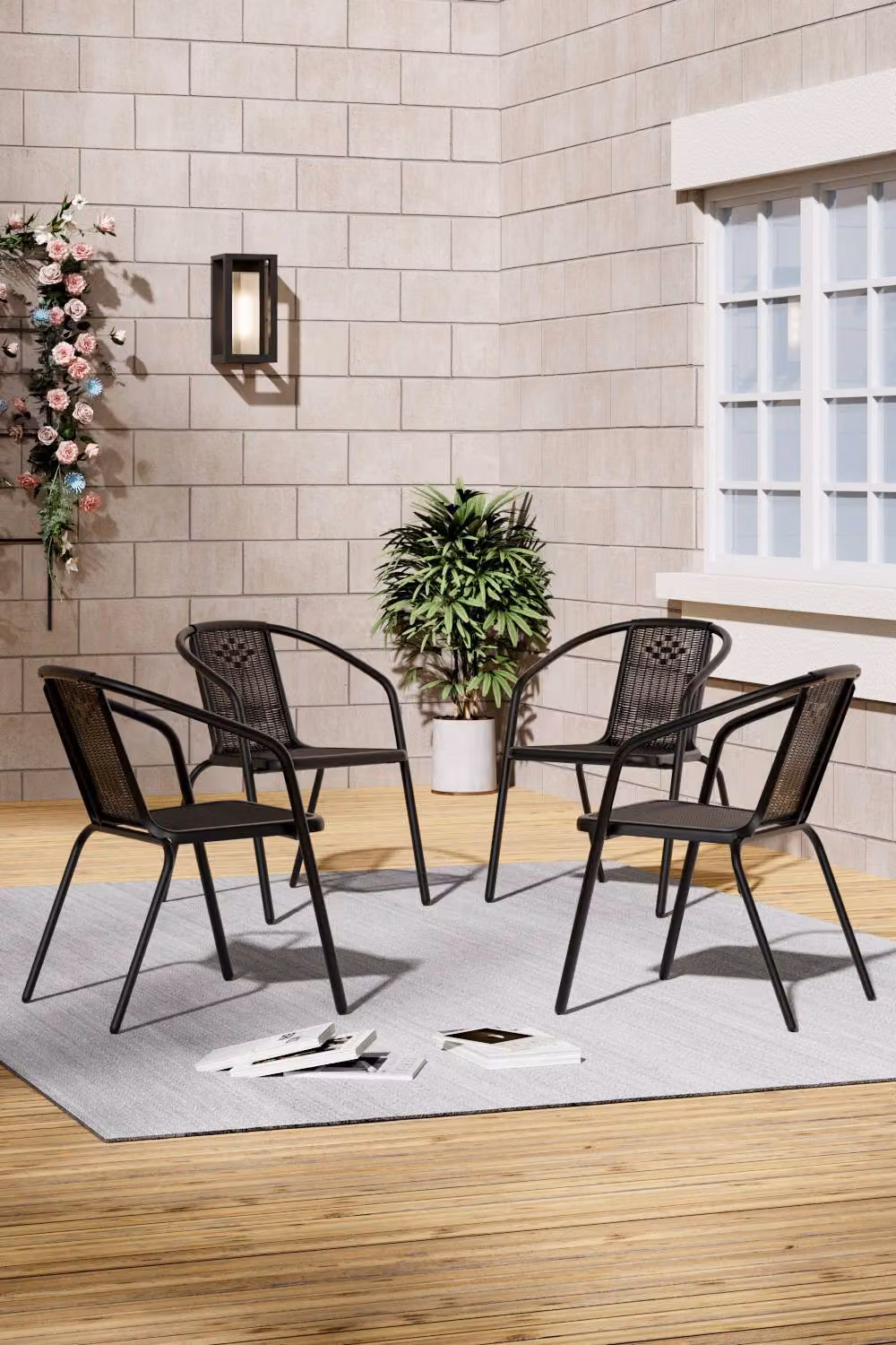 Living and Home Set of 4 Black PE Rattan Stacking Outdoor Garden Chairs with Metal Frame – 2