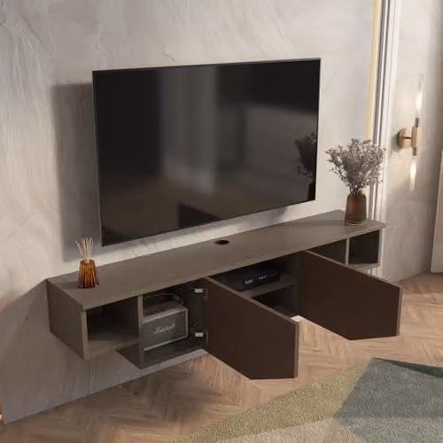 Decorotika Hera Floating TV Stand in Brown with Open Shelves and Cabinets, W: 150 cm, D: 29.5 cm, H: 32 cm – 3