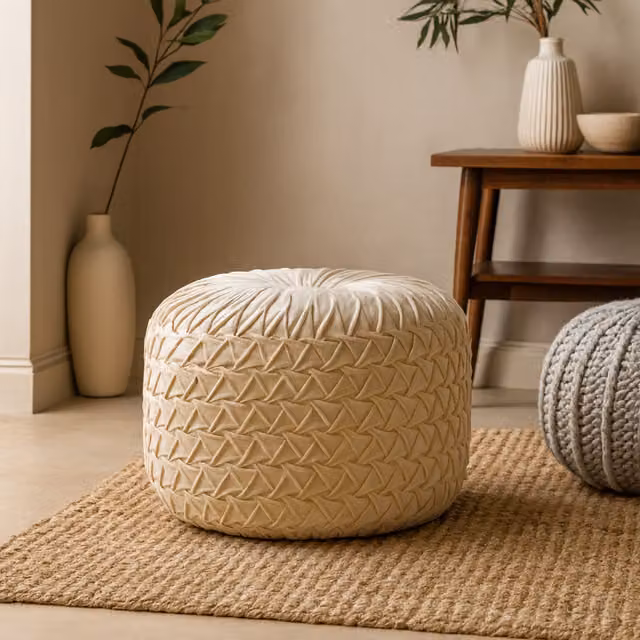 Artisan Furniture White Velvet Cylindrical Pouffe H 46 cm x W 33 cm x D 33 cm