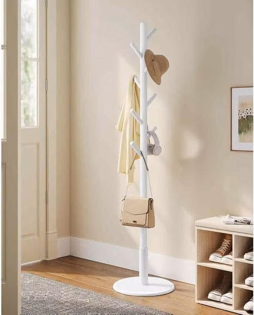 The Bazaarist Solid Wood Coat Rack Stand with 8 Hooks, Freestanding Hall Tree, White, W/D/H: 40.0 x 40.0 x 171.8 cm