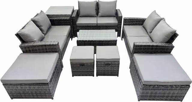 Fimous Dark Grey PE Rattan Outdoor Furniture Set with U-Shape 2-Seater Sofas, Coffee Table and Ottoman