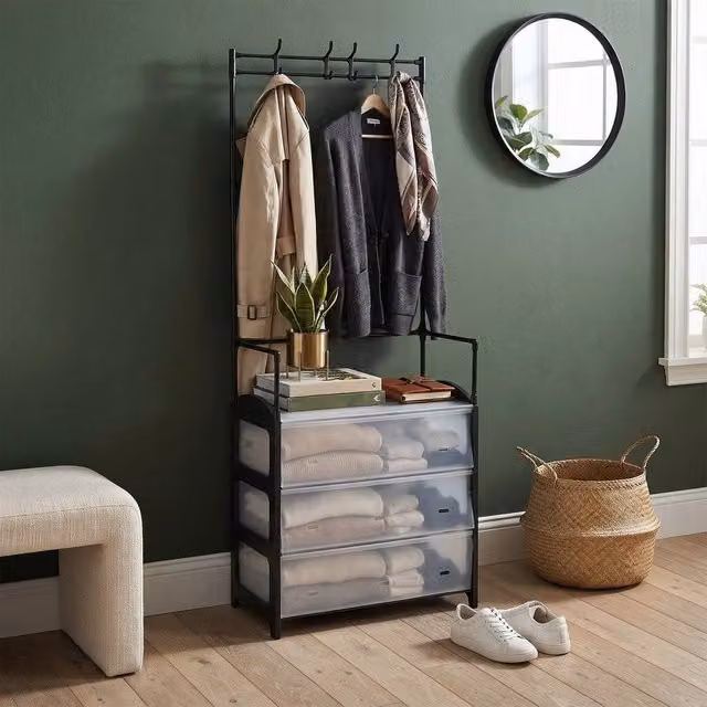 FORGEVIO Black Metal Coat and Hat Stand with 4 Dustproof Shelves, H x W x D: 158 x 60 x 31 cm
