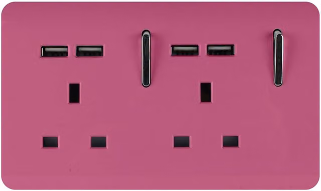 Trendi 2 Gang 13 Amp Flush Switched Socket with 4 x 2.1mA Type A USB Ports in Pink