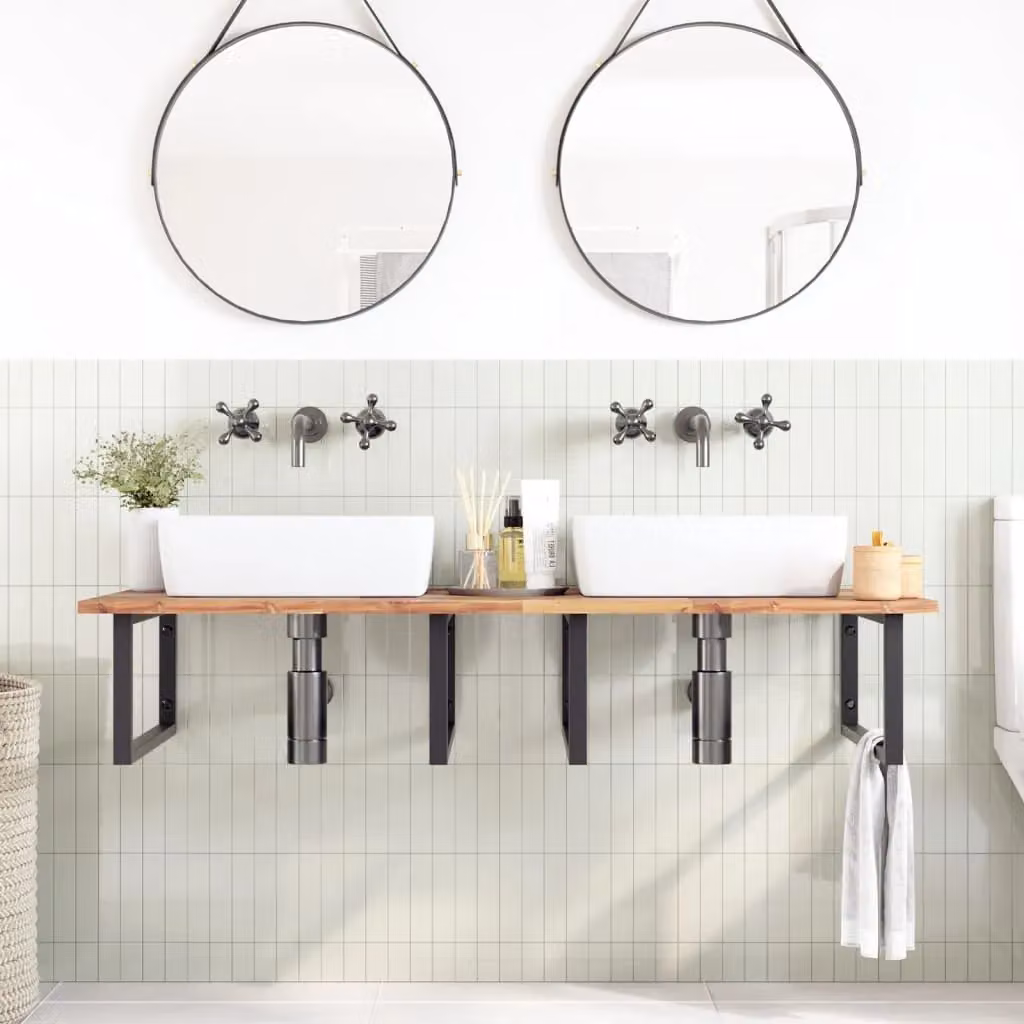 Berkfield Home Wall Mounted Basin Shelf in Brown Acacia Wood and Steel – 2
