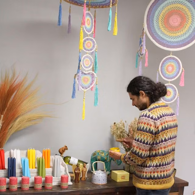 KDMK Large Pastel Rainbow Multicolour Dreamcatcher with Heart and Mandala Details, Diameter: 55 cm