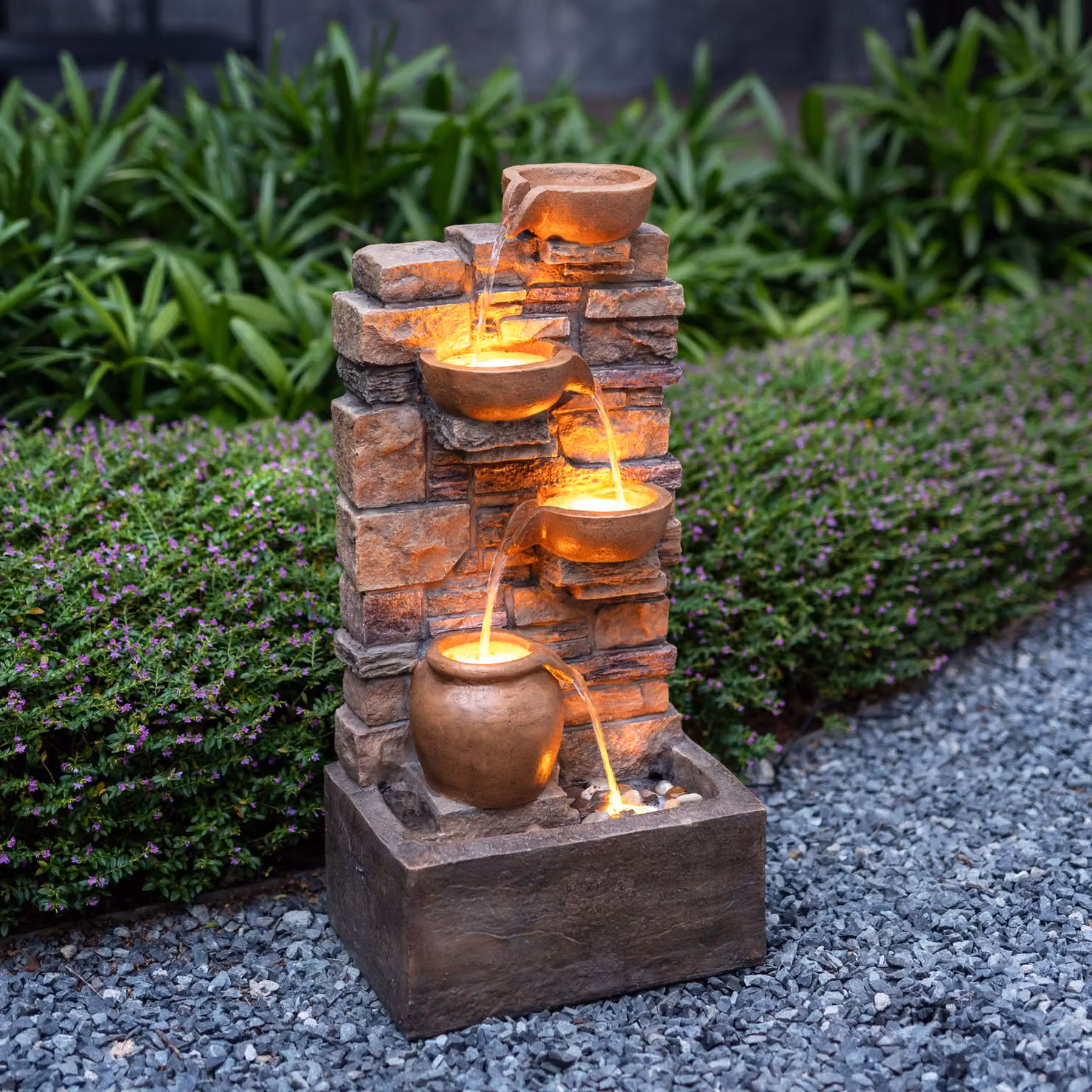 Teamson Home Brown 4-Tier Stacked Stone Cascading Outdoor Water Fountain with LED Lights, Height: 72.3 cm – 2
