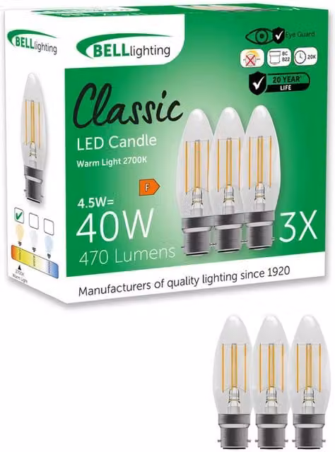 Bell Lighting B22 Bayonet LED Filament Candle Light Bulbs, 4.5W, 2700K Warm White, Transparent Glass, Non-Dimmable, Pack of 3