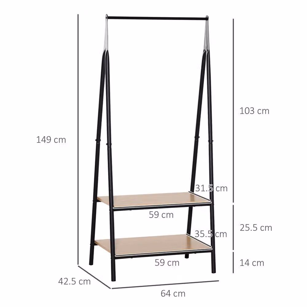STILVORA Modern Clothes Rail with 2 Shelves in Natural and Black – 3