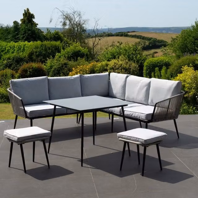 Artemis Home Sartene Outdoor Dining Set with Corner Bench and Square Table in Grey and Black Polyrattan