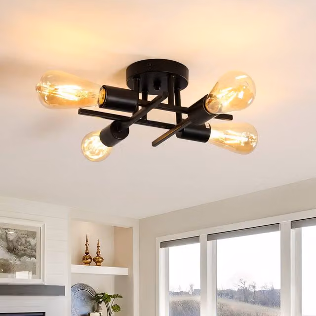 COMELY Industrial 4-Light Semi Flush Ceiling Light, Black Metal Rustic Sputnik Chandelier – 1