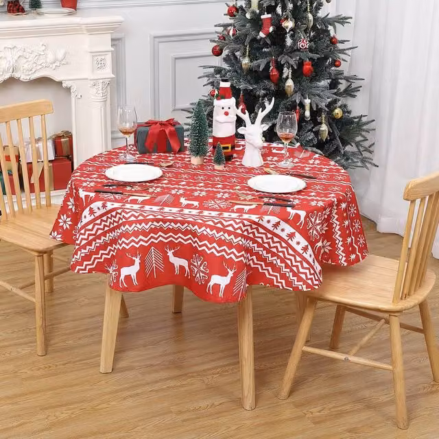 London Boutique Red Christmas Waterproof Polyester Round Tablecloth, Diameter: 152.4 cm