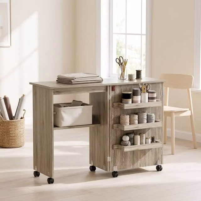 STILVORA Grey Sewing Table with Folding Drop Leaf Top and Castors, W/D/H: 117.0 x 77.5 x 40.0 cm