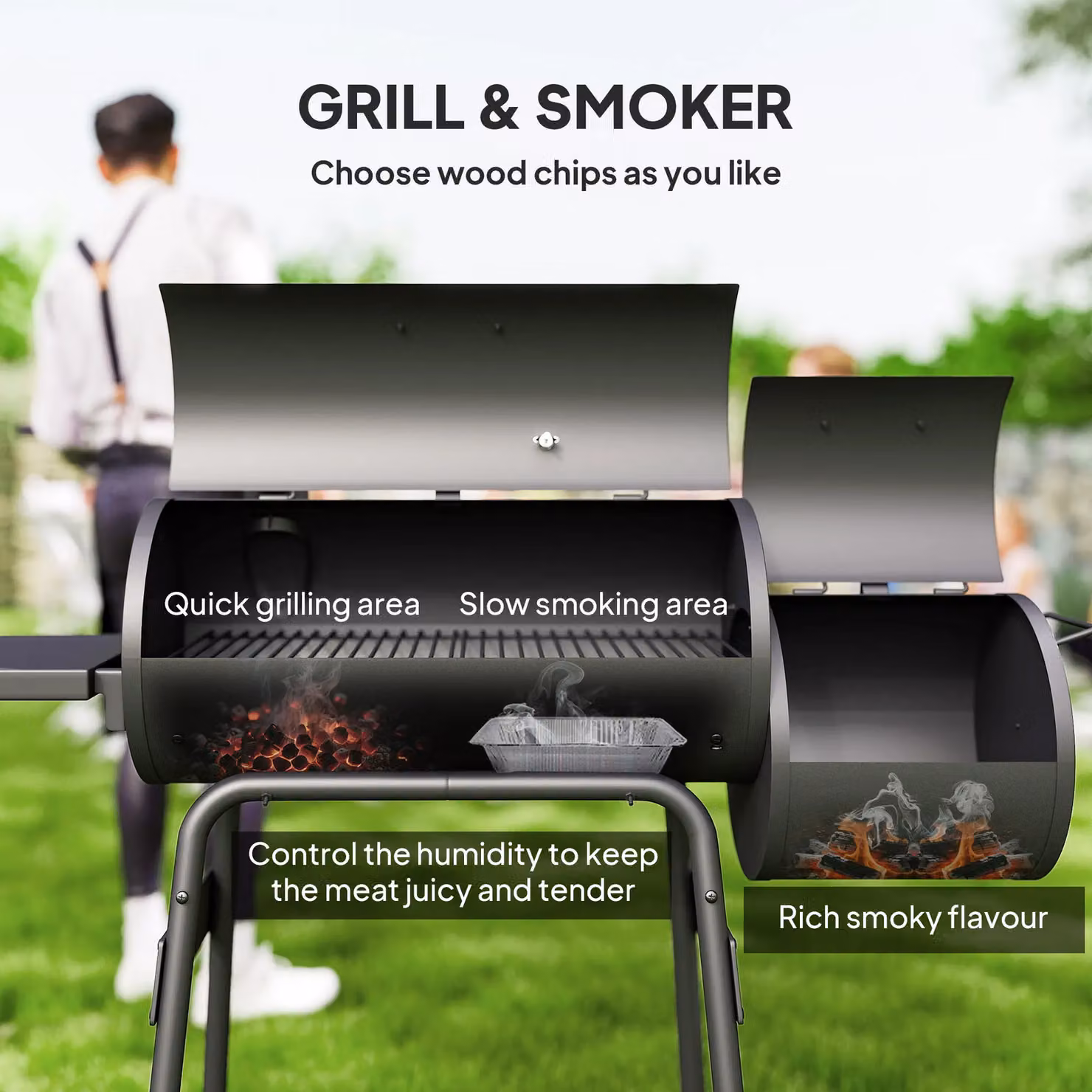 Outsunny Portable Charcoal BBQ Grill and Steel Offset Smoker Combo with Thermometer and Wheels, Black, W/D/H: 124 x 53 x 104 cm – 5