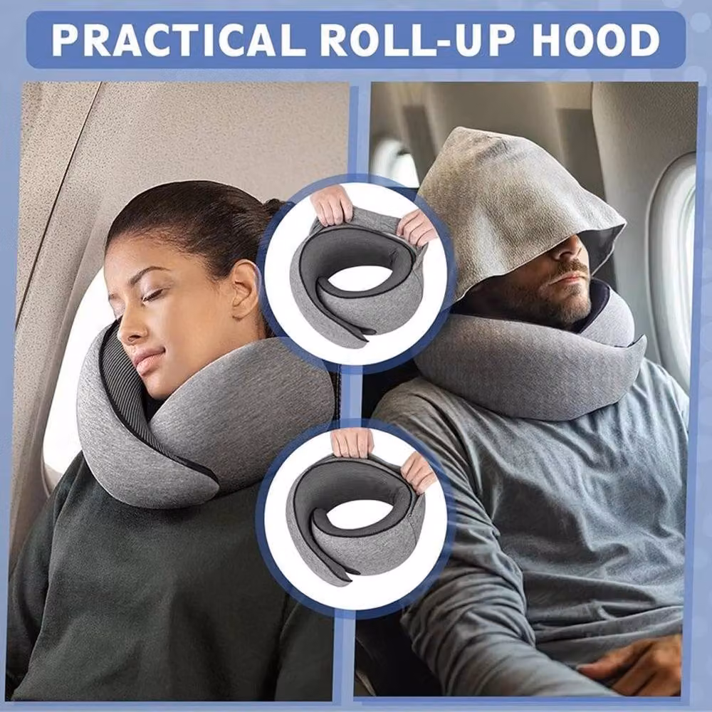 KORVIXA Grey U-Shaped Memory Foam Neck Pillow with Breathable Cotton Cover – 3