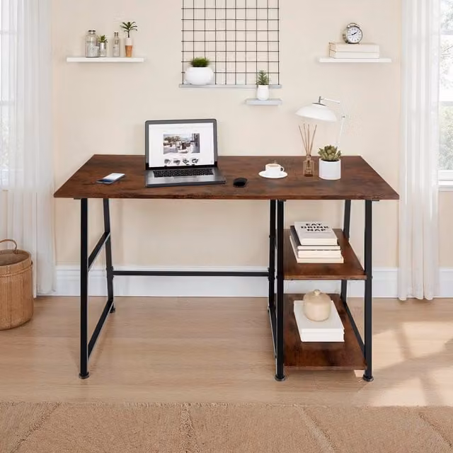 tectake Paisley Industrial Computer Desk with 2 Shelves in Oak and Black/Brown