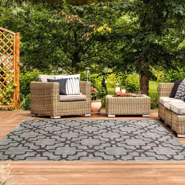 The Rug House Grey Geometric Trellis Flatweave Indoor Outdoor Rug, W: 290 cm, D: 200 cm