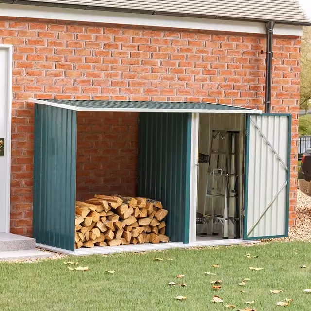 Livingandhome Green Metal Pent Garden Shed with Open Log Rack and Lean-to Design