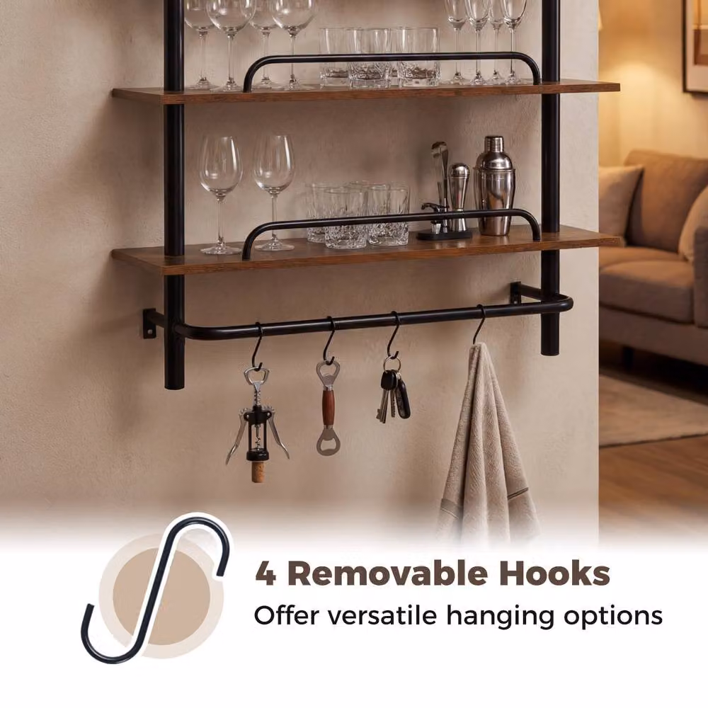 Costway 3-Tier Floating Wall Mounted Display Shelves with 4 Hooks in Dark Brown – 4