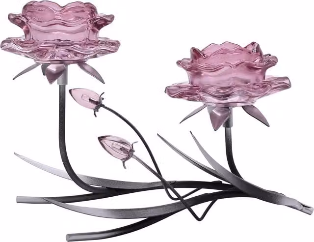 Hestia Pink Glass Rose 2 Stem Candle Holder with Black and Silver Metal Base