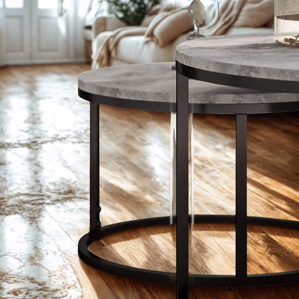 FURNOS 2-Piece Nesting Tables with Grey Faux Marble Tops and Black Metal Bases – 5