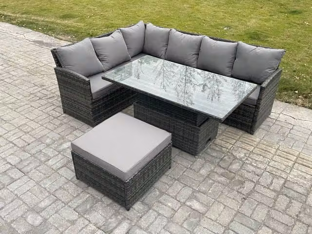 Fimous 7 Seater Rattan Garden Furniture Set with High Back Corner Sofa, Height Adjustable Lifting Table and Large Footstool in Dark Grey Mixed