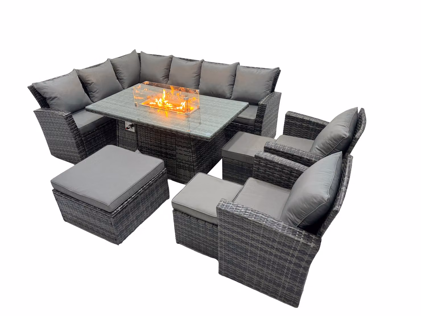 Fimous Dark Grey Rattan Outdoor Patio Gas Firepit Table Sofa Set with 2 Chairs and 3 Stools – 2