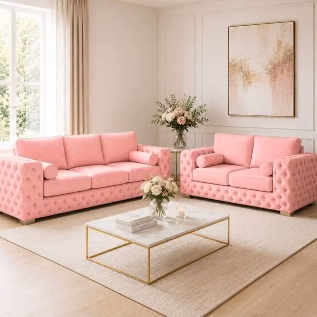 Stratus Interiors Ashley Full Back Chesterfield Upholstered Fabric 2 and 3 Seater Sofa Set in Light Pink