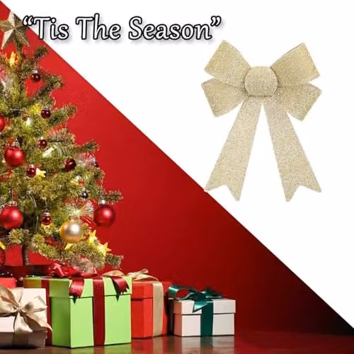 VFM e-Store Tinsel Bow Christmas Decoration in Beige and Gold, W/D/H: 37 x 49 x 13 cm – 5