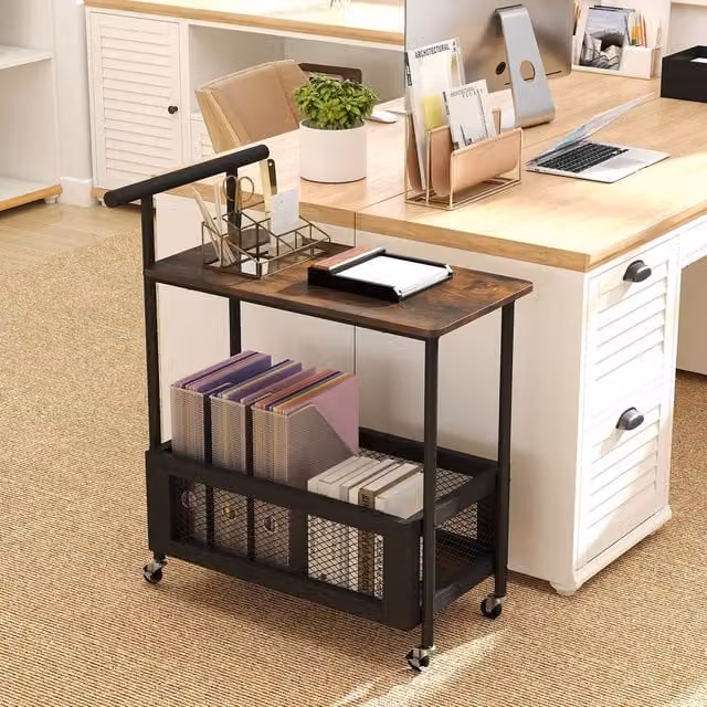 Gymax 2-Tier Industrial Rolling End Table with Handle and Mesh Basket in Brown