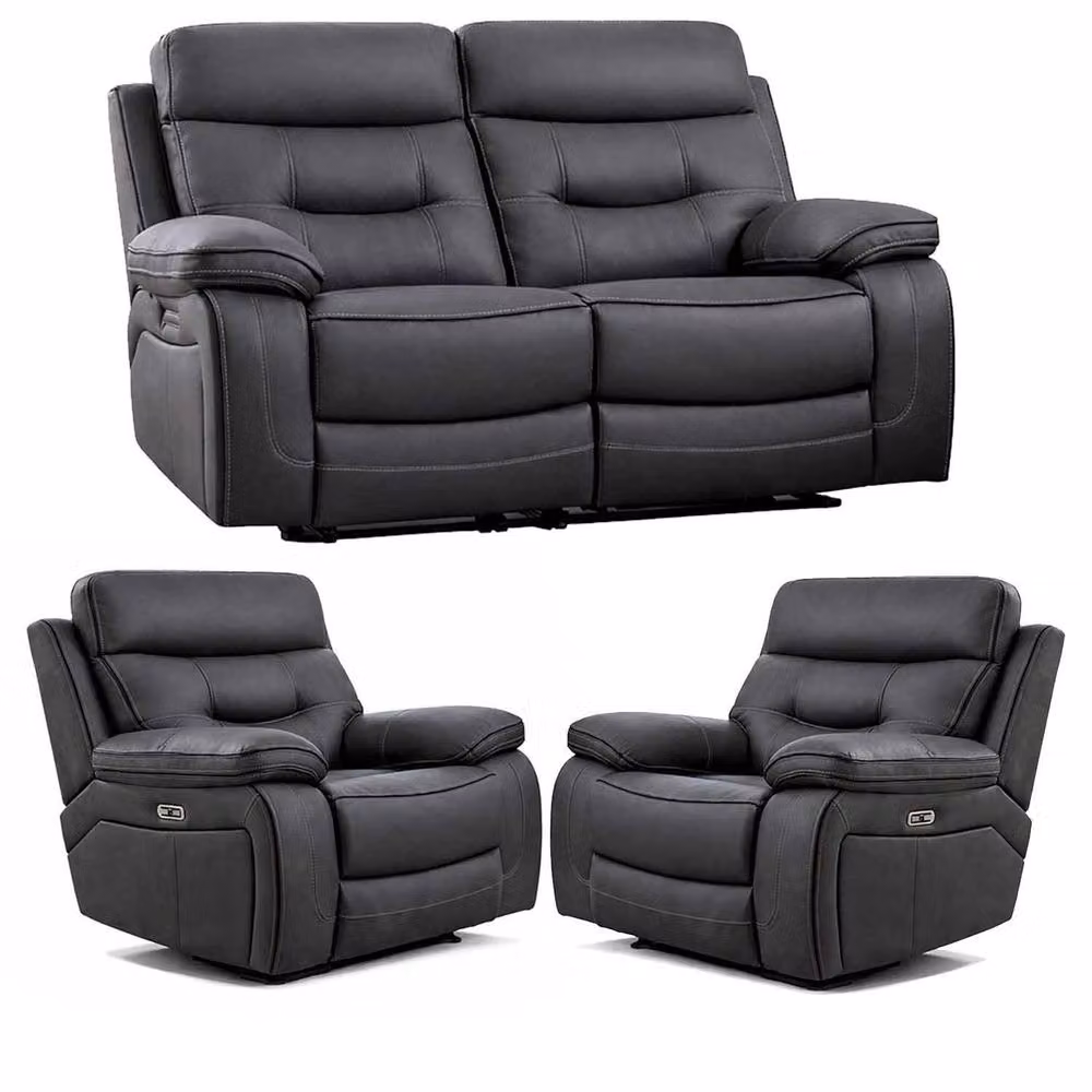 Furnishings For Less UK Renzo Grey Electric Recliner Sofa Suite with 2 Seater, 2 Armchairs and USB Charging – 2
