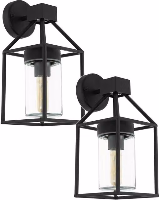 Loops 2 Pack Black IP44 Outdoor Wall Light with Square Transparent Glass Shade and E27 Socket