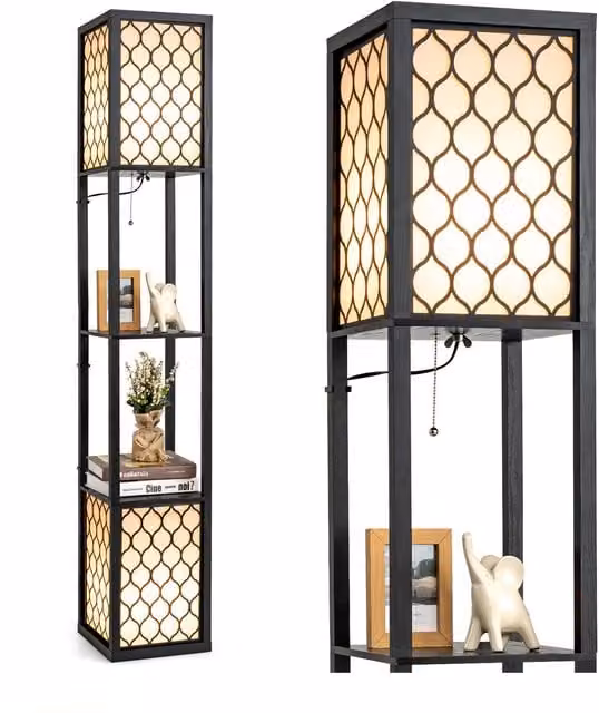 Costway Double Floor Lamp with 2-Tier Storage Shelves, Black and Wood, E27, H 156 x W 26 x D 26 cm