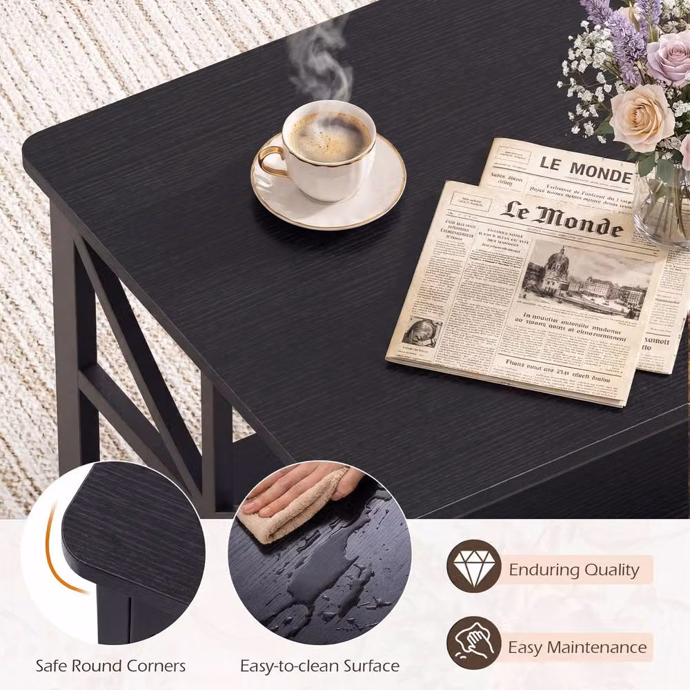 Gymax Industrial Farmhouse Coffee Table with 2-Tier Open Storage Shelf in Black – 8