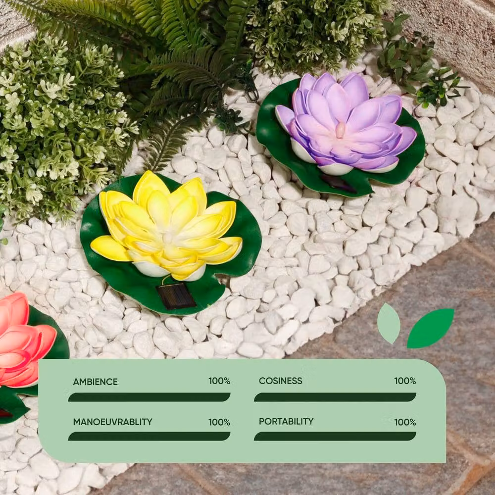 Gardenwize Pack of 3 Solar Floating Lotus Pond Lights, Warm White LED Outdoor Water Feature Lights – 3