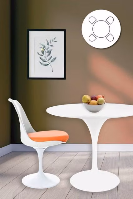 Fusion Living Tulip Dining Set with White Round Table and Four Orange Chairs – 1