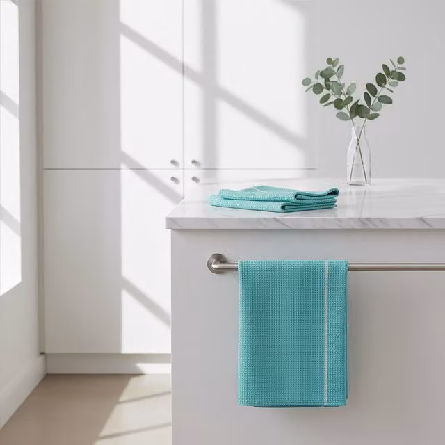 Doro Set of 3 Highly Absorbent Cotton Waffle Pique Tea Towels in Green, White and Turquoise