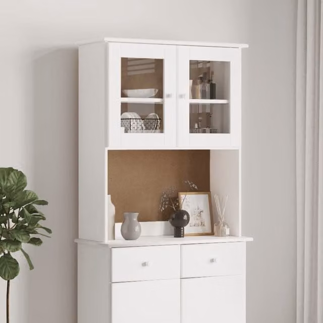 Berkfield Home ALTA White Dresser Top in Solid Pine with Glass Doors, W/D/H: 77 x 30 x 92 cm