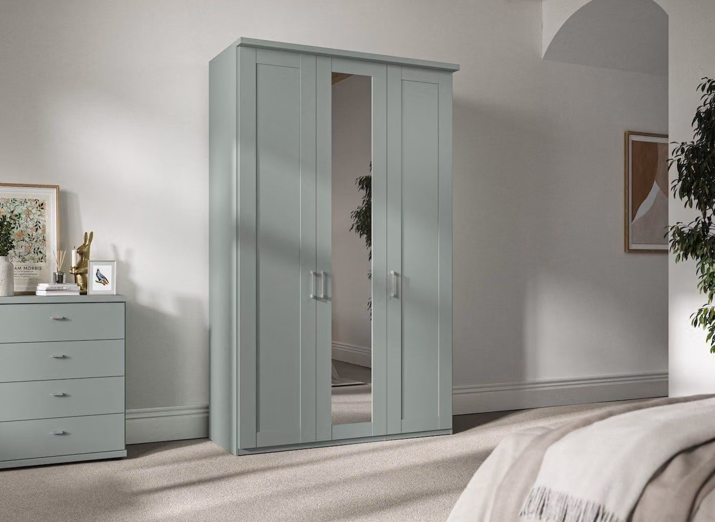 Wiemann Dover 3-Door Wardrobe in Green with Mirror and Internal Shelving