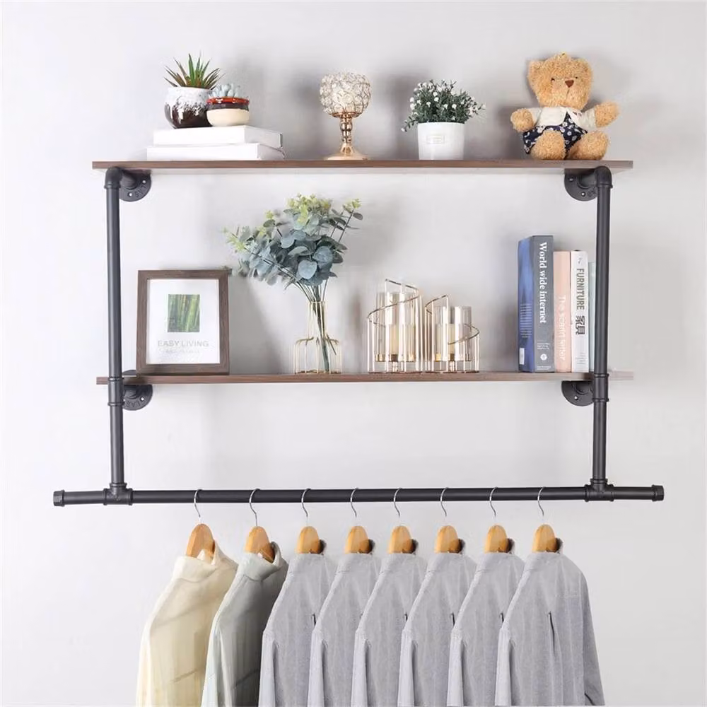 EONLION Industrial Wall Mounted Pipe Clothes Rail and Garment Rack in Black and Dark Brown, Width: 50 cm – 4