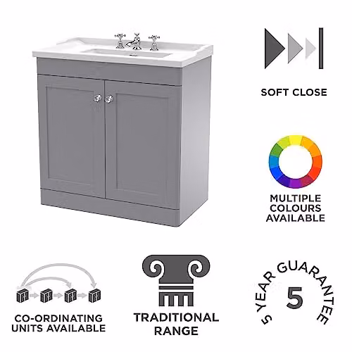 nuie Classique Traditional 2 Door Floor Standing Bathroom Vanity Unit and 3 Tap Hole Ceramic Basin, Satin Grey, W: 800 mm – 2