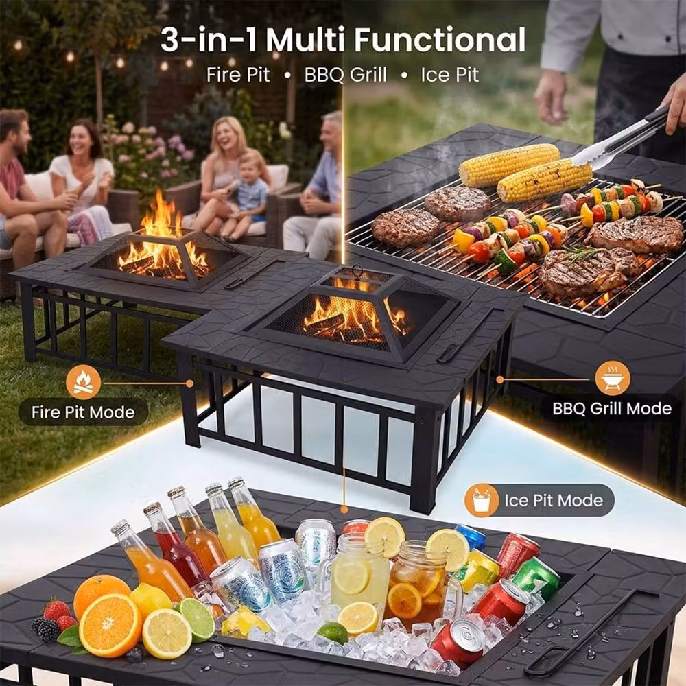 Alivio 3 in 1 Large Metal Fire Pit with BBQ Grill and Shelf, Black Outdoor Fire Table and Ice Pit – 3