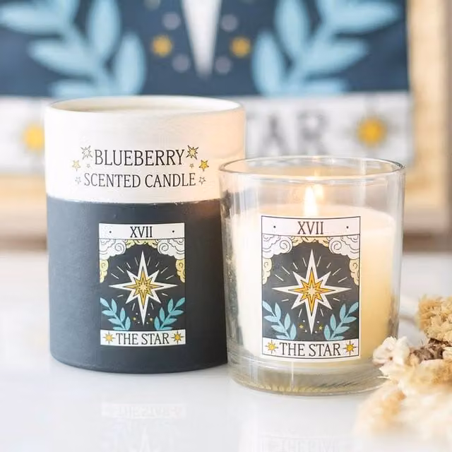 Uniqueful The Star Vintage Tarot Blueberry Pillar Candle in Blue and Multicolour