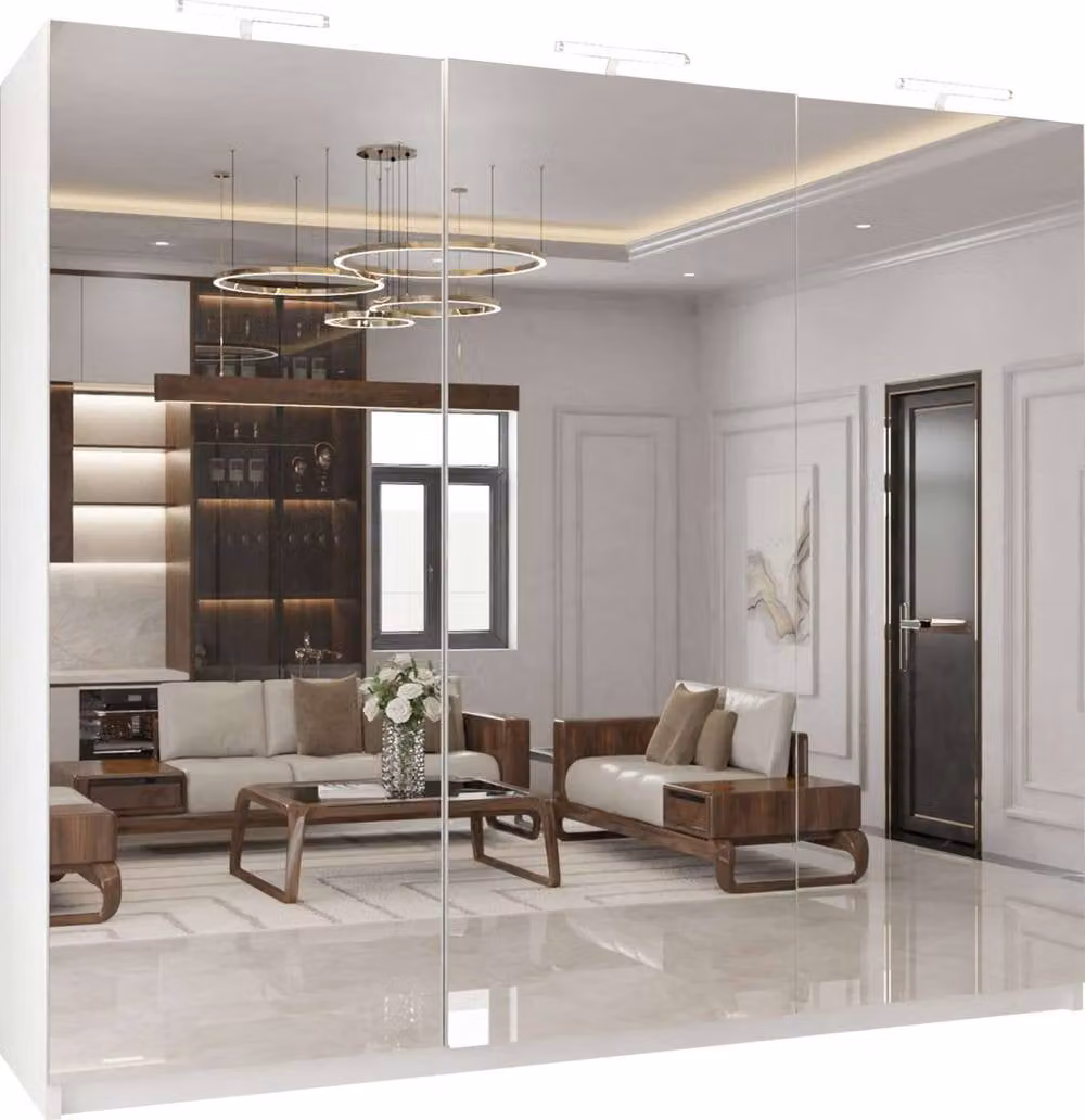 MN Furniture Modern White Sliding Door Wardrobe with Full Mirrors and Integrated LED Lighting, Width: 250 cm